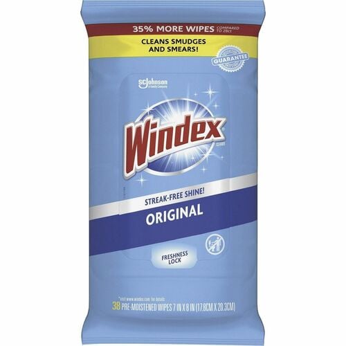 Windex® Glass & Surface Wipes - Wipe - 9.70 oz (0.61 lb) - Recommended For: Smear Remover, Smudge Remover - Streak-free, Pre-moistened, Drip-free, Unscented - White - 38 / Pack