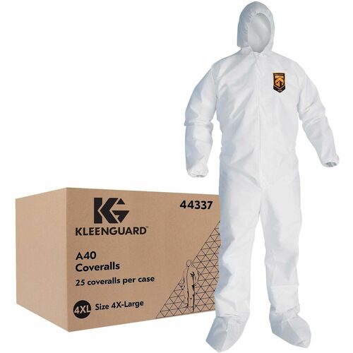 KleenGuard Health A40 Protection Coveralls - 4XL - Liquid, Dry Particle, Splash, Particulate, Pathogen, Paint Protection - Zipper Closure - Film Laminate Fabric - White - Zipper Front, Hood, Attached Boot, Elastic Wrist & Ankle, Disposable, Elastic Back, 