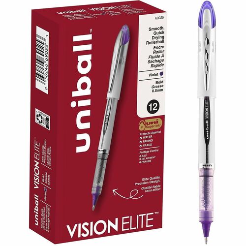 uni® Vision Elite Rollerball Pen - Refillable - Purple Ink - Gel-based - Stainless Steel, Tungsten Carbide Tip - Document, Project - 12 / Box