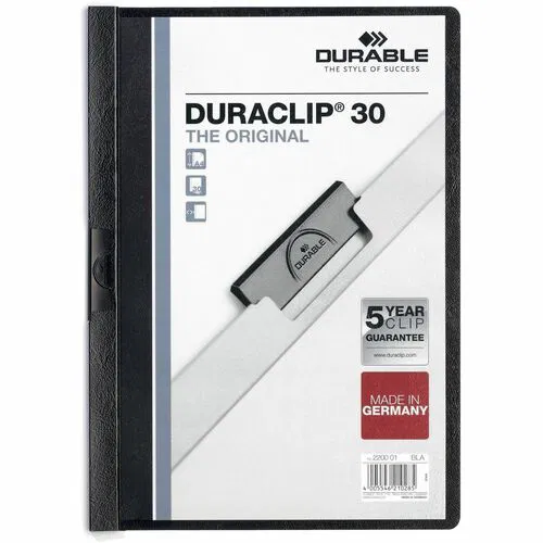 DURACLIP Letter Report Cover with Fastener - 8 1/2" x 11" - 30 Sheets Capacity - Clip Fastener - Vinyl, Plastic, Unplasticized Polyvinyl Chloride (uPVC) - Black, Transparent - Sturdy - 0% Recycled - 25 / Box