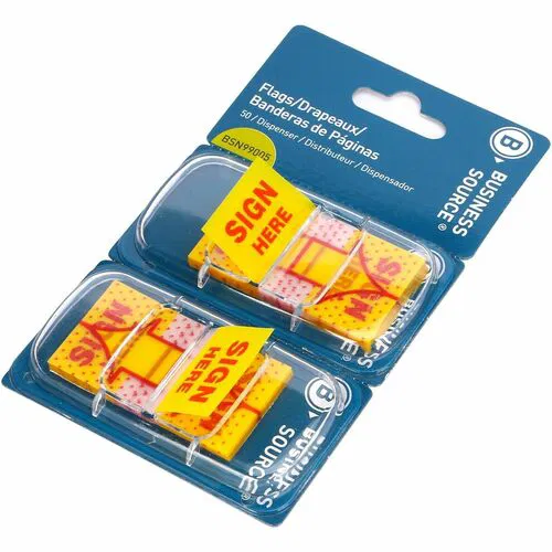 Business Source Sign Here Arrow Page Flags - 1" Flag/Note Width x 1 3/4" Flag/Note Length - Arrow - SIGN HERE - Yellow - Removable, Repositionable, Reusable - Dispenser Included - 100 / Pack