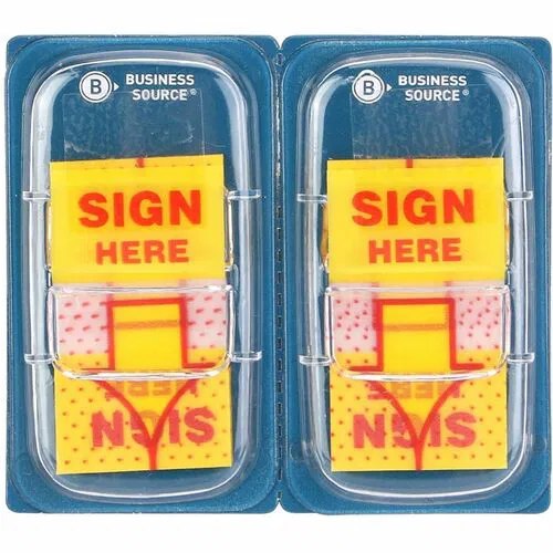 Business Source Sign Here Arrow Page Flags - 1" Flag/Note Width x 1 3/4" Flag/Note Length - Arrow - SIGN HERE - Yellow - Removable, Repositionable, Pop-up, Reusable - Dispenser Included - 500 / Pack
