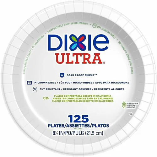 Dixie Foods Ultra Heavy-Weight Paper Plate - Serving, Food, Office - Microwave Safe - 8.5" Diameter - White - Paper Body - Round - 4 / Carton