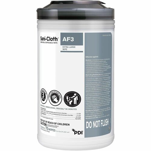 PDI Sani-Cloth AF3 Germicidal Wipes - For Nonporous Surface, Hard Surface, Equipment - Ready-To-Use - Wipe - 15" Length x 7.50" Width - Recommended For: Germs Remover - Kill Germs, Disposable, Alcohol-free, Fragrance-free - Gray - 75 Wipes/Can - 6 / Carto