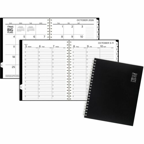 Mead BIG PLANS Weekly/Monthly Planner - Julian Dates - Weekly, Monthly - 15 Month - October 2026 to December 2027 - 7:00 AM to 8:00 PM - Hourly - Monday - Friday - Letter - 8 1/2" x 11" Sheet Size - Twin Wire - Black Poly Cover