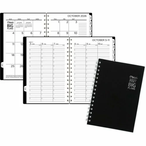 Mead BIG PLANS Weekly/Monthly Planner - Julian Dates - Weekly, Monthly - 15 Month - October 2026 to December 2027 - 7:00 AM to 8:00 PM - Hourly - Monday - Friday - 5 1/2" x 8 1/2" Sheet Size - Twin Wire - Black Poly Cover