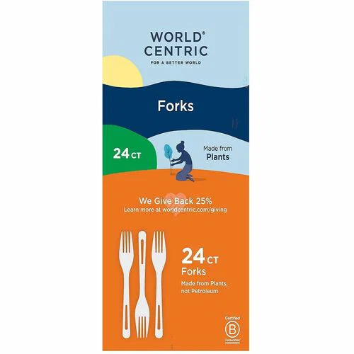 World Centric 6" TPLA Forks - Fork - Fork - Food - Dishwasher Safe - Talc-filled Polylactic Acid (TPLA) - Beige - 24 / Pack