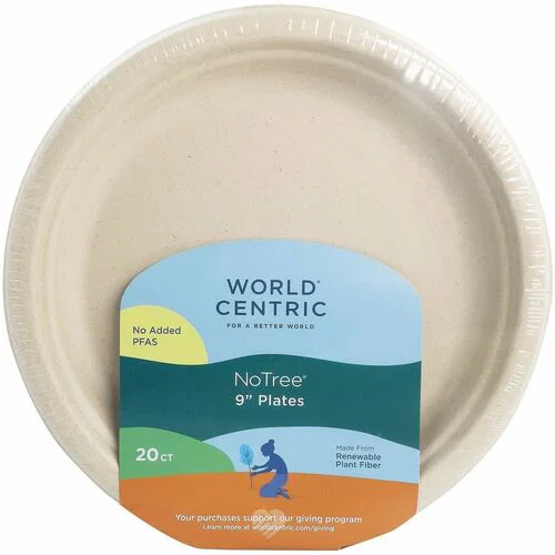 World Centric 9" Compostable Fiber Plates - Food, Breakroom, Picnic, Party - 9" Diameter - Beige, Natural - Fiber Body - 20 / Pack