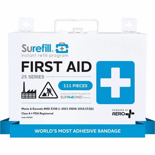 Aero Surefill Metal First-Aid Kits - 111 x Piece(s) For 25 x Individual(s) - 7.5" Height x 2.5" Width10.8" Length - Metal Case - Blue, White - 1 Each