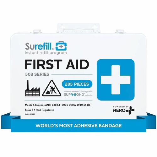 Aero Surefill Metal First-Aid Kits - 284 x Piece(s) For 50 x Individual(s) - 10" Height x 2.5" Width14" Length - Metal Case - Blue, White - 1 Each