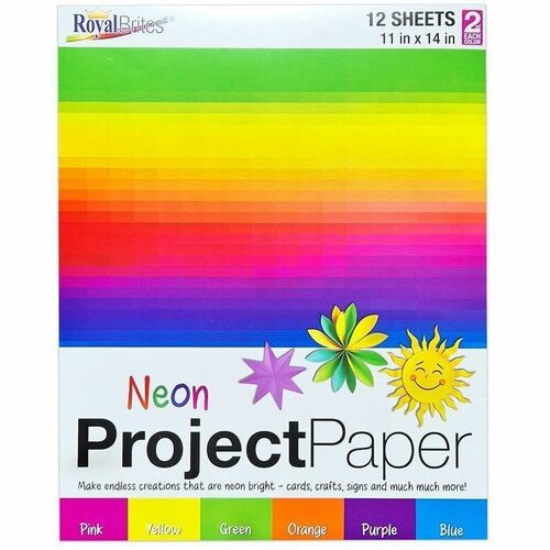 Royal Brites 2-Sided Project Paper Neon Assortment - Craft, Project, Cutting, Shaping, Poster, Classroom, Party, Decoration, Student, Display, DIY Project, ... - 11" x 14" - Matte Texture - Assorted Neon - Paper - 12 / Carton