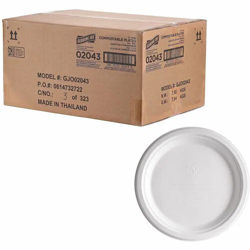 Genuine Joe BPI Certified Compostable Paper Plate - Breakroom, Food - Disposable - Microwave Safe - 9" Diameter - White - Sugarcane, Paper Body - 1 Carton