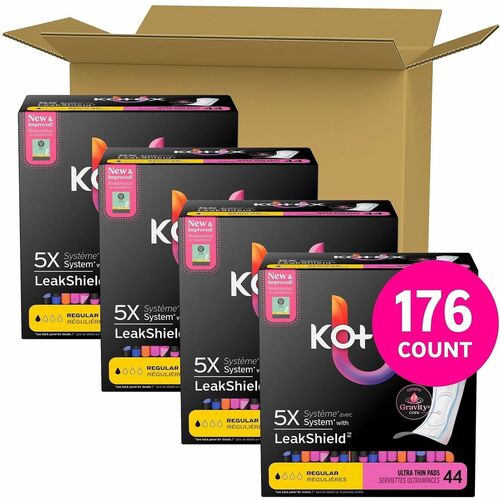 U by Kotex Ultra-Thin Period Pads - Regular - Absorbent, Anti-leak, Hypoallergenic, Chlorine-free, Comfortable - 44/Box - 4 / Carton