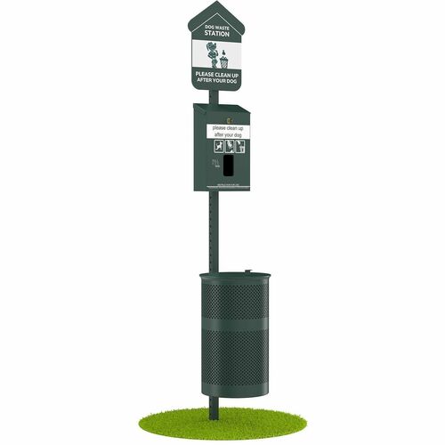 Furloo Header-Style Outdoor Dog Waste Station - For Dog - Round - Green - Steel, Galvanized Steel - Heavy Duty, Locking Mechanism, Crack Resistant, Fade Resistant, Long Lasting, Hinged Lid, Glow-in-the-dark, Powder Coat Finish, Durable, Weather Resistant 