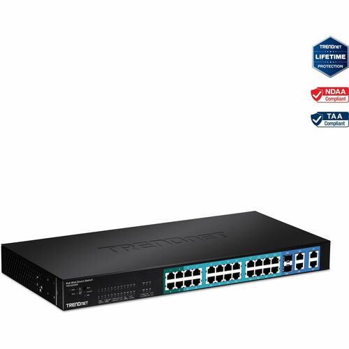 TRENDnet 28-Port 10/100Mbps Web Smart PoE+ Switch, 20 x PoE Ports, 4 x PoE+ Ports, 2 x Gigabit Ports, 2 x Shared Gigabit Ports (RJ-45 or SFP), Rack Mountable, Lifetime Protection, Black, TPE-224WS - TRENDnet 24-port 10/100Mbps Web Smart PoE Switch