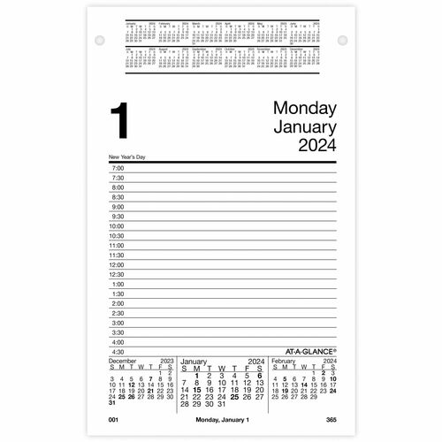 At-A-Glance Pad Style Desk Pad Calendar Refill - Large - Julian Dates - Daily - 12 Month - January 2026 to December 2026 - 7:00 AM to 4:30 PM - Half-hourly - 1 Day Double Page Layout - 5" x 8" Sheet Size - White Sheet - Desktop, Desk - White - Paper - Ref