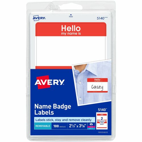Avery Name Badge Labels, Hello My Name Is, 2 21/64" x 3 3/8", Removable Adhesive, Red Border, White Face, Paper, Inkjet/Laser, 100/PK