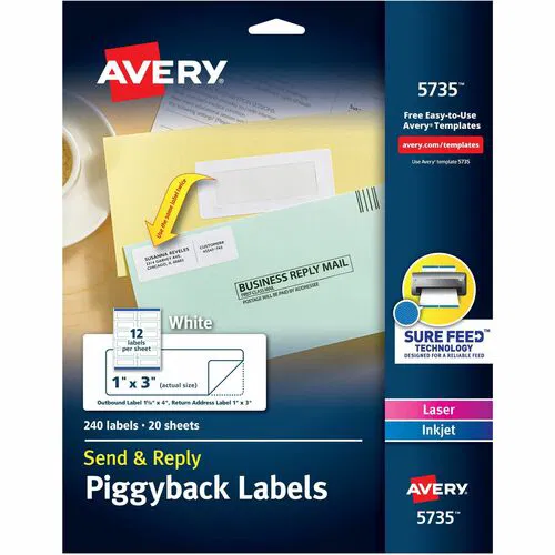 Avery Send & Reply Piggyback Address Labels, 1" x 3", White Paper, Permanent Adhesive, 12/Sheet, 20 Sheets, 240/PK
