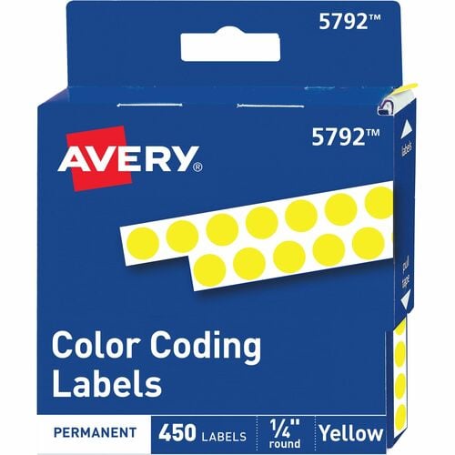 Avery, Color-Coded Labels, 1/4" Dia, Round, Yellow, Permanent Adhesive, Dispenser Roll, 450/PK