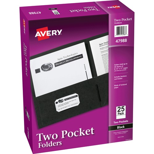 Avery Two-Pocket Folder, Letter 8.5" x 11", 40-Sheet Capacity, Black Paper, Die-Cut Business Card Holder, 25/Box