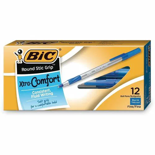 BIC Fine Point Round Stic Pens - Fine Pen Point - Blue Ink - Gray Barrel - 1 Dozen