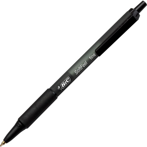 BIC SoftFeel Retractable Ball Pens - Fine Pen Point - Retractable - Black Ink - Black Rubber Barrel - 1 Dozen