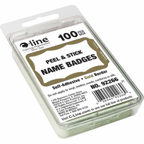 C-Line Name Badge Label, Tabbed Edge, Removable Self-Adhesive, Gold Border, 3.5" W x 2.25" L, 100/Box