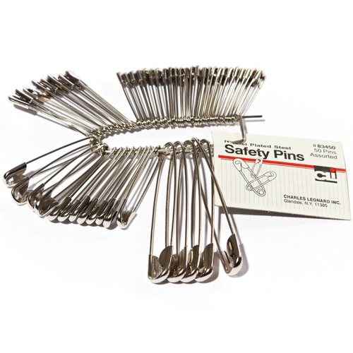 Charles Leonard Safety Pins - Assorted Sizes - Nickel Plated - 50 / Pack