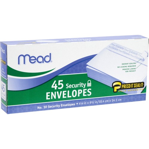 Mead Press-It Seal-It No 10 Security Envelopes, Peel and Seal, 4 1/8" x 9 1/2", White, 45/Box