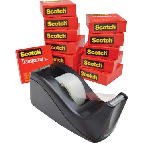 Scotch Invisible Tape, Desktop Dispenser, 600 Series, 0.75" x 27.78 yd, 1" Core, Clear, Photo-Safe, 12/PK