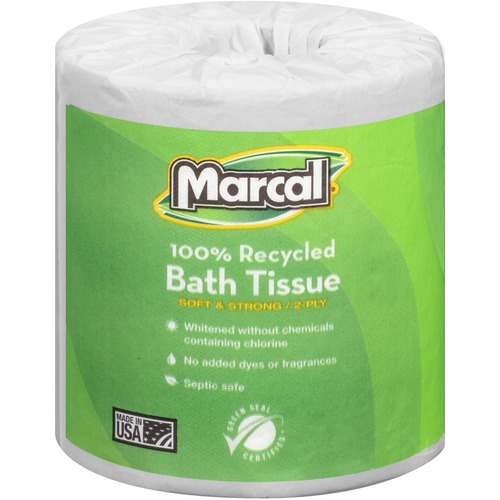 Marcal Bathroom Tissue, 100% Recycled, 2-Ply, 336 Sheets/Roll, White, Green Seal Certified, Septic-Safe, for San Jamar Oceans Dispenser, 48/CT