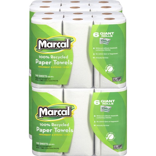 Marcal Paper Towels, Giant Roll, 2-Ply, 140 Sheets/Roll, 100% Recycled, White, Perforated, 6/PK, 4/CT