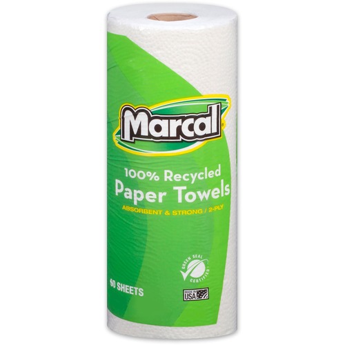 Marcal Paper Towel, 11" x 9", 2-Ply, 60 Sheets/Roll, 100% Recycled, White, Green Seal Certified, 15/CT