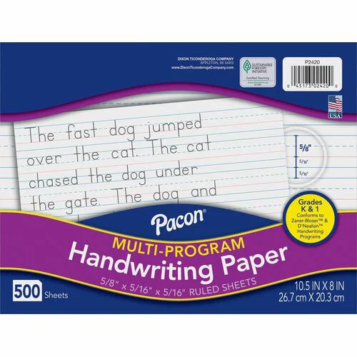 Pacon Handwriting Paper, 10.5" x 8", 0.63" Ruling, Double-Sided, Unruled Margin, White, for D'Nealian and Zaner-Bloser, 500/Ream
