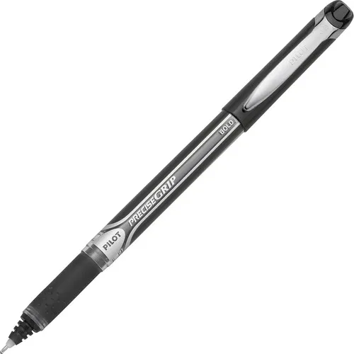Pilot Rollerball Pen, Precise Grip, 1 mm Bold Point, Black Ink, Black Barrel, Dimpled Rubber Grip, Water Resistant, 12/PK