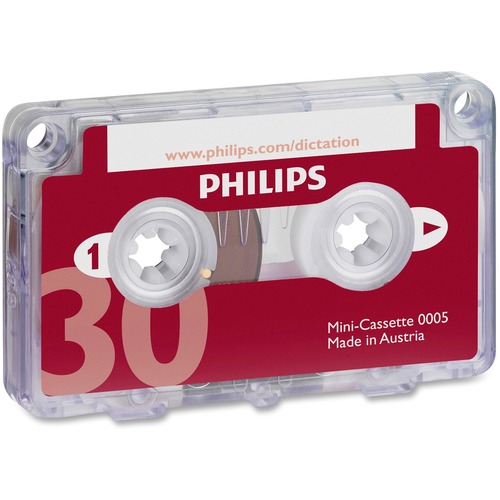 Philips Speech Dictation Minicassette, 30-Minute, Red, 10/Box