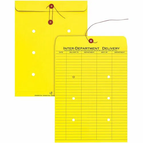 Quality Park, Inter-Departmental Envelope, 10" x 13", 28 lb, String/Button Closure, Ruled, Hole-Punched, Yellow, 100/Box