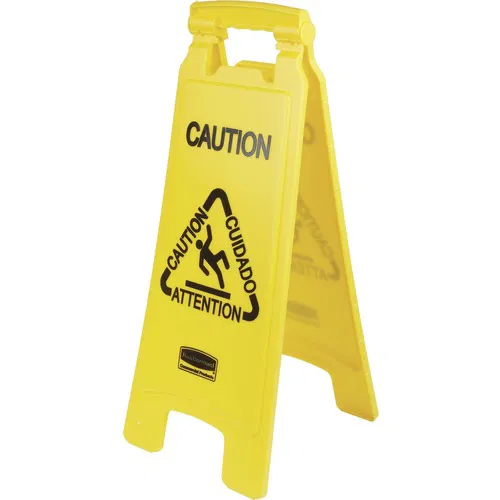 Rubbermaid Commercial Caution Sign, Floor-Standing, 11" x 26" x 25" W x D x H, Yellow, Multilingual (EN/ES/FR/DE), Foldable