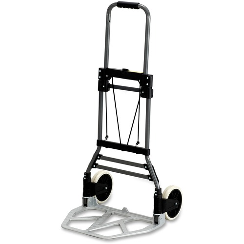Safco Stow-Away Hand Truck, Aluminum, Telescopic Handle, Collapsible, 275 lb Capacity, 19.5" x 18" x 39", 7" Solid Rubber Tires, Silver