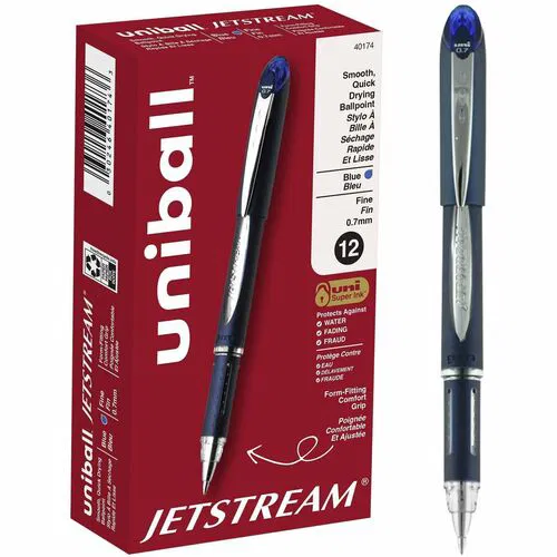 Uni-ball Jetstream Ballpoint Pen, 0.7 mm mm Fine, Blue Pigment Ink, Stainless Steel Barrel, Embossed Grip, Quick-Drying