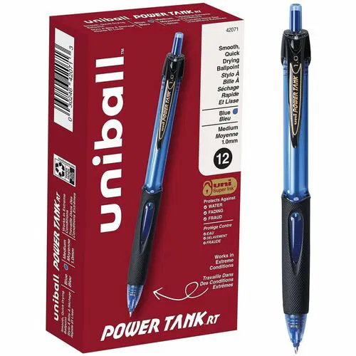 Uni-Ball Power Tank Ballpoint Pen, 1 mm Medium Point, Blue Ink, Refillable, Retractable, Pressurized Super Ink, Textured Rubber Grip