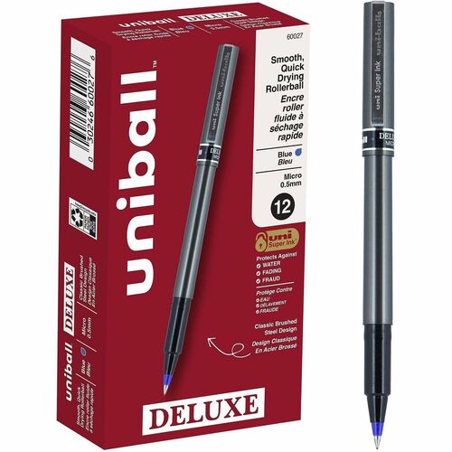 Uni-Ball Deluxe Rollerball Pen, 0.5 mm Micro Tip, Blue Ink, Gray Barrel, Super Ink