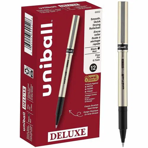 Uniball Deluxe Rollerball Pen, 0.7 mm Fine Point, Black Ink, Champagne Brushed Steel Barrel, Super Ink, 12/PK