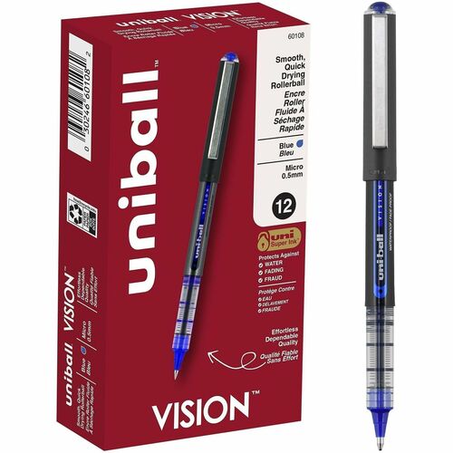 Uni-Ball Vision Rollerball Pen, 0.5 mm Micro Tip, Blue Ink, Super Ink, Water/Fade/Fraud Resistant, Metal Clip