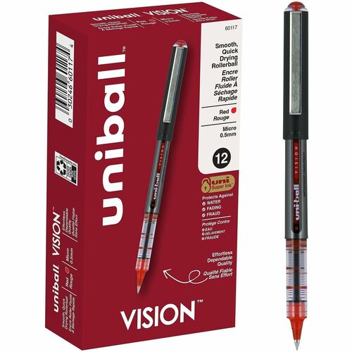 Uniball Vision Rollerball Pen, 0.5 mm Micro, Red Super Ink, Visible Window