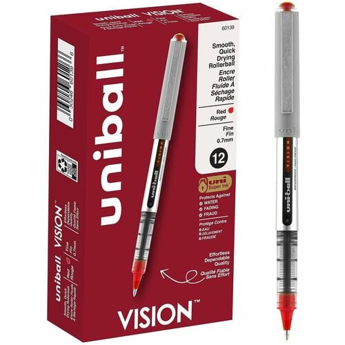 Uni-Ball Vision Rollerball Pens, 0.7 mm Fine, Red Ink, Super Ink, Capped, Visible Ink Window, 12/PK