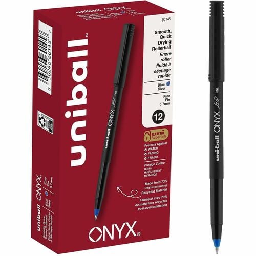 Uni-Ball Onyx Rollerball Pen, 0.7 mm Fine, Blue Ink, Metal Tip, Super Ink (Water/Fade/Fraud Resistant), 12/PK
