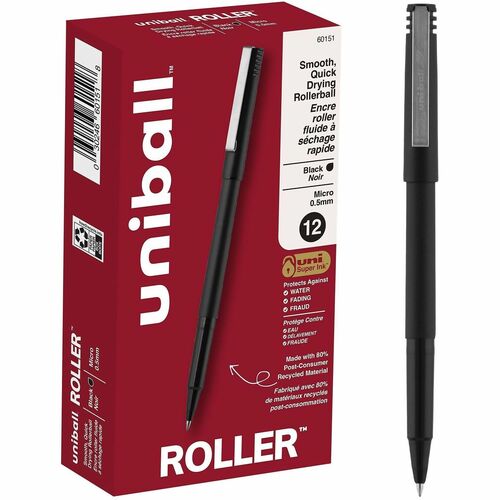 Uni-Ball Rollerball Pen, 0.5 mm Micro Tip, Black Ink, Stainless Steel Barrel, Water-Resistant Super Ink