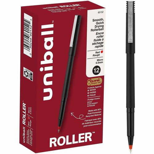 Uni-Ball Rollerball Pen, 0.5 mm Micro Tip, Red Ink, Black Stainless Steel Barrel, Water-Resistant Super Ink, 12/PK