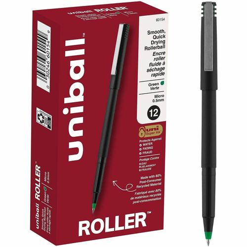 Uniball Rollerball Pen, 0.5 mm Micro Tip, Green Ink, Black Stainless Steel Barrel, Super Ink, 12/PK